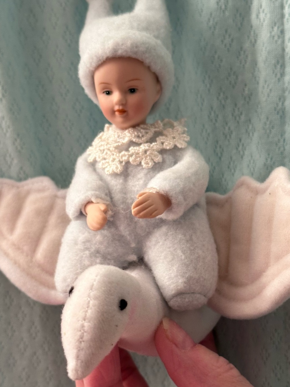 Vintage Porcelain Pixie Baby On Flying Goose Plush Ornament